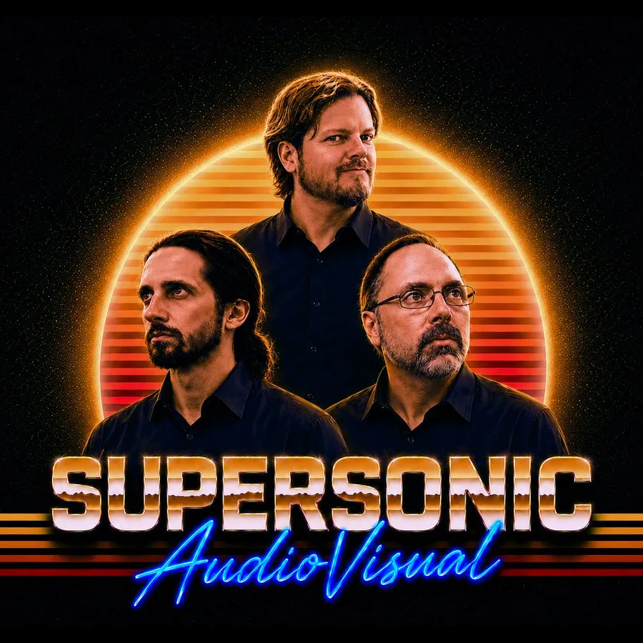 Josh Jacobs, Charlie Wilson, and David Smith against a glowing retro sun, with the SuperSonic AudioVisual wordmark below